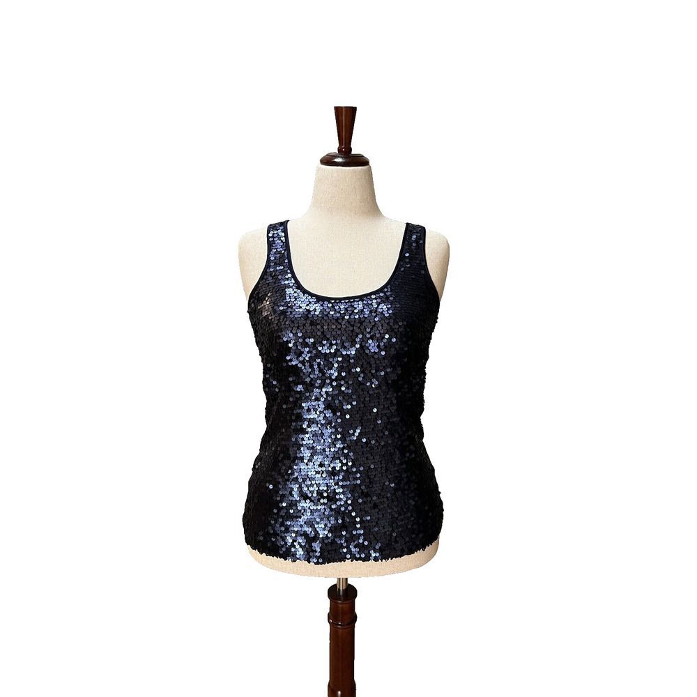 Express Women's Navy Blue Sequins, Stretchy, Tank Top, Scoop Neck, Wide Strap, S